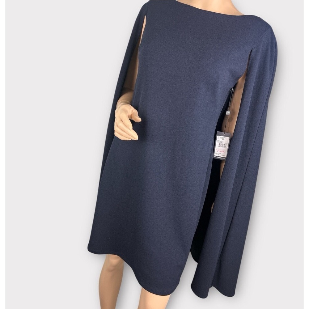 Maggy London Navy Blue Cape Sheath Cocktail Dress Boat Neck Mini NEW - Picture 6 of 10